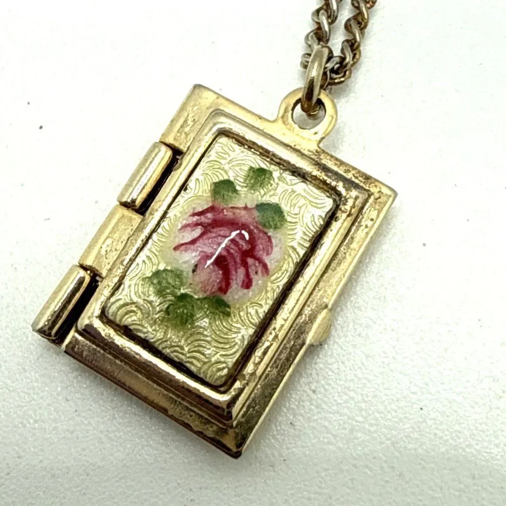 Vintage Guilloche Enamel Locket Necklace Child Size Rose Design Gold Tone 15